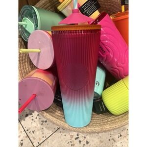 Starbucks 2025 Neon Pink Gradient Pleated Sun Umbrella Topper‎ Charm Tumbler